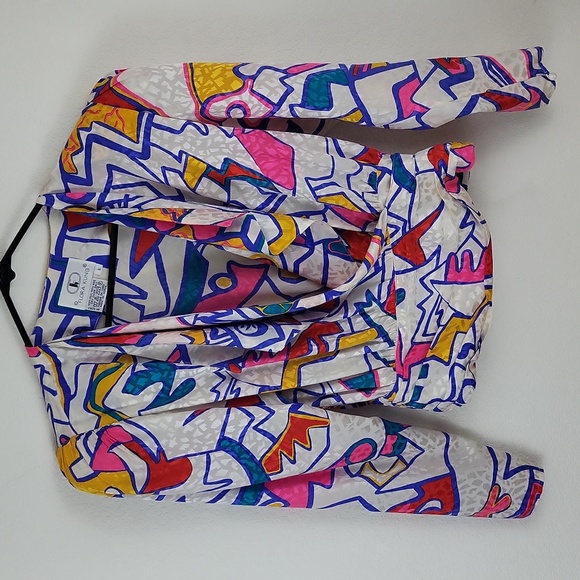 Vtg Ultimate 80s Flora Kung Silk Wrap New Wave Abstract Top - Picture 1 of 12